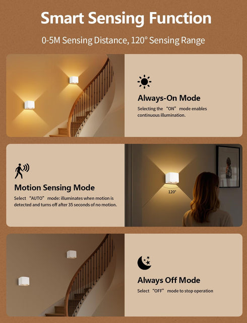 GeyouLux 10-100% Dimmable 2700-6500K, 3 5000mAh 2-Pack Motion Sensor Wall Lights, Wireless Rechargeable Wall Sconce