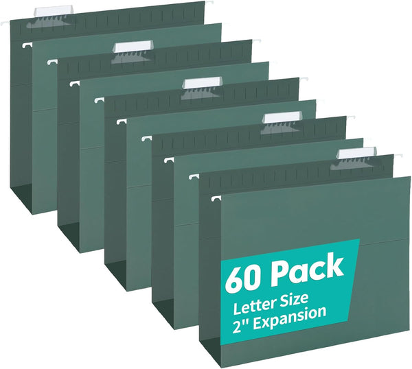 HERKKA Extra Capacity Hanging File Folders, 60 Pack, Reinforced Letter Size, 2 Inch Expansion for Bulky Files