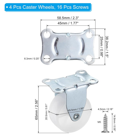 2" 4 Pack M5 198Lbs PATIKIL Rigid Caster Wheels, Silent Fixed Plate Casters with Screws Load Capacity for Furniture