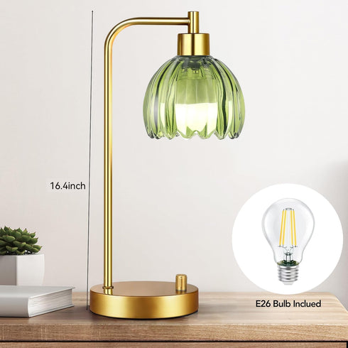 Set 2,Small Dimmable ILLMTW Green Table Lamp of Glass Bedside Lamps Boho Bedroom Lamp with Tulip Flower Lamp Shade,Gold
