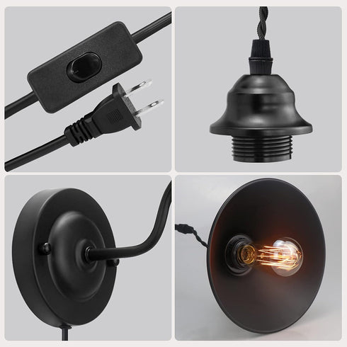 Set 2 Plug in Wall Sconces, Vintage Plug in Wall Lamp of with On/Off Switch, Metal Black Industrial Wall Mounted Light