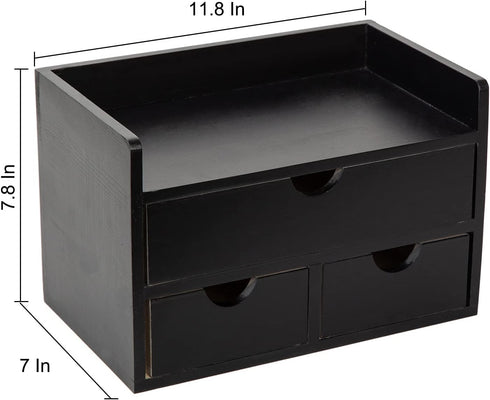 Black Bamboo Desk Organizer - Wooden Storage Cabinet with 3 Drawers and Shelf for Home Office Workspace Organization
