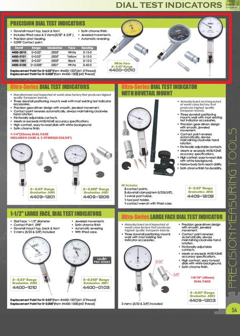 Pro Series by HHIP Face Dial Test Indicator 4400-0101, 0-0.03", Yellow