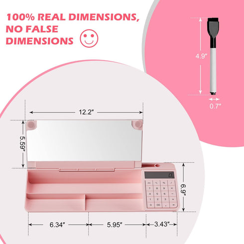 Desktop Glass Whiteboard with Mirror & Calculator (12 Digit LCD Display) & Ruler Marker, Tilted Keyboard Stand, Pink
