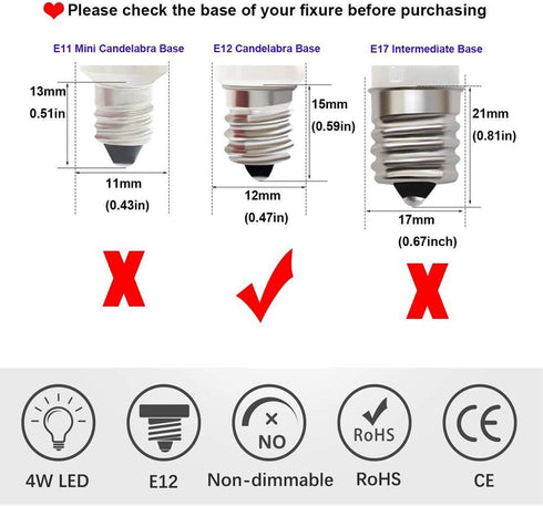 Ovenot E12 Bulb 4W 40W C7 Bulbs Bulbrite Non-Dimmable 6000K 2 Pack Led Light Equivalent Replacement Clear Type B