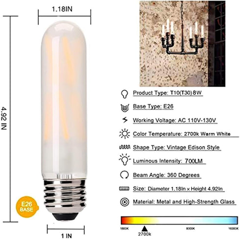 Dimmable T10 Frosted LED Tubular Bulb, 8W Warm White 2700K, E26 Base, 70 Watt Equivalent, 4 Pack for Desk Lamp
