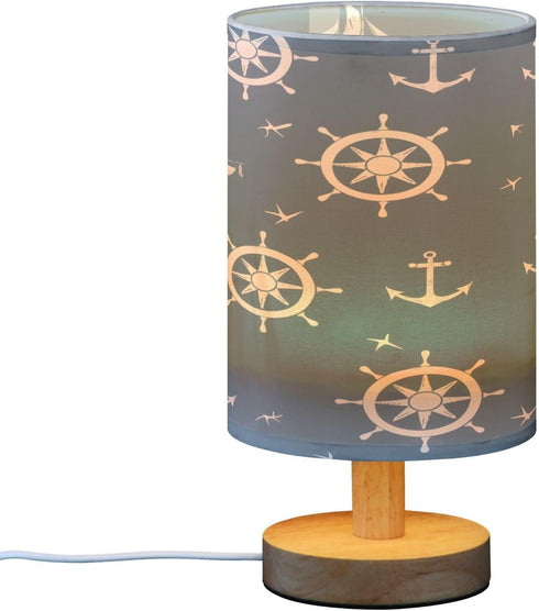 SUABO Bedside Table Lamp, Blue Nautical Pattern Nightstand Lamp Small LED Lamp Wood Base Round Flaxen Fabric Shade