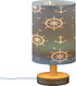 SUABO Bedside Table Lamp, Blue Nautical Pattern Nightstand Lamp Small LED Lamp Wood Base Round Flaxen Fabric Shade