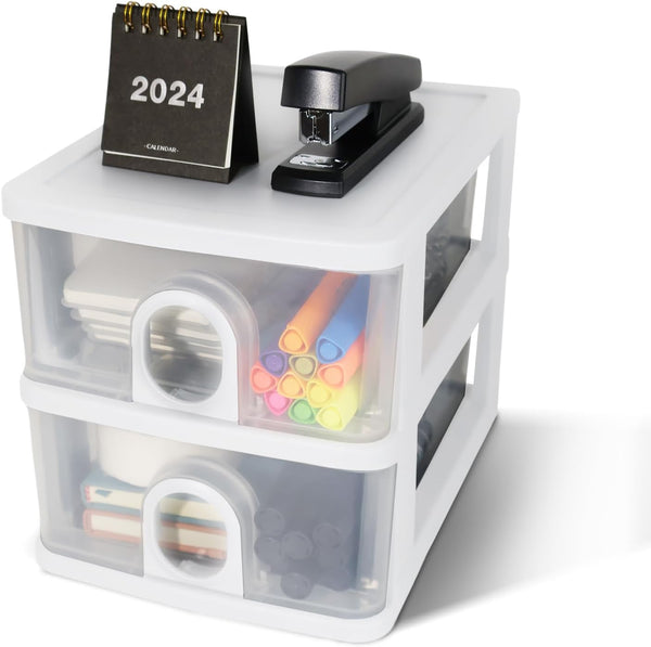 Desktop Storage Drawers Organizer with 2 Drawers, Clear Small Plastic Storage for Crafts and Office Supplies