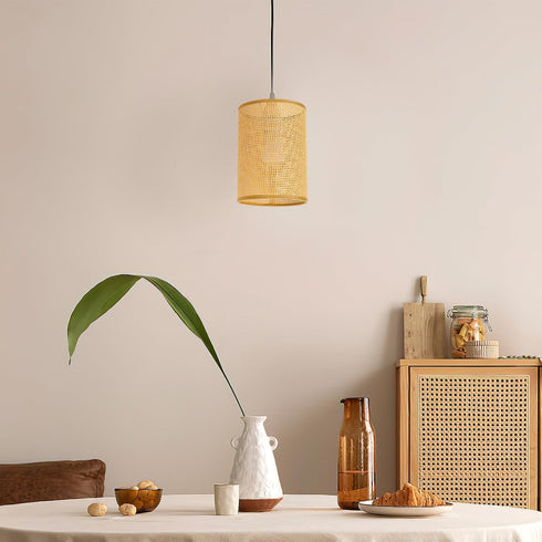 E27 5.46 Inch Angoily Rattan Lamp Shade for Table Lamps Natural Woven Vine Manzhu Lampshade Cylinder Small Rattan Lamp