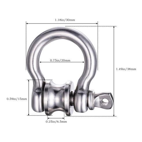 10 Pack Mini Stainless Steel Pulley D Ring Shackles, Removable U-Shaped Pulley for 1/4 Inch Wire Rope