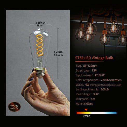 6 Pack ST19 LED Edison Bulbs, 6W (60W Equivalent), Soft White 2700K, Dimmable Vintage Filament Clear Glass