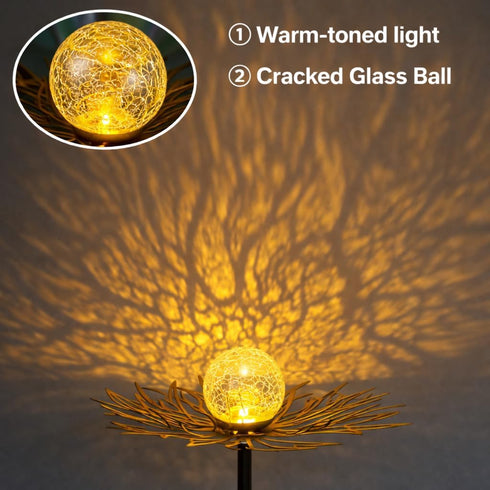 Solar Garden Lights Outdoor Decor, Metal Flower Stake Light with Warm White Crackle Glass Globe, Waterproof Decorative