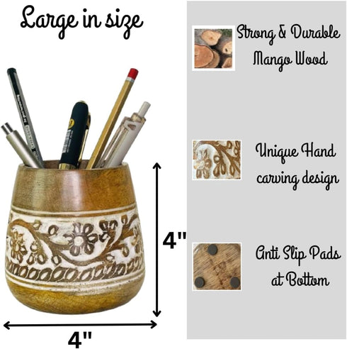 Mie Creations Designer Pencil Holder for Desk, Cute Wooden Paintbrush Cup, Office Desktop Organizer for Art Supplies