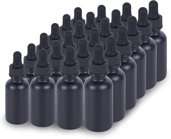 1 oz Amber Glass Boston Bottles 24 Pack with Eye Droppers and Black Caps for Essential Oils