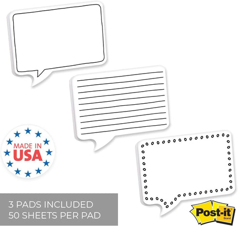 Speech Bubble Shaped Sticky Note Pad Assortment / 6.5" x 5" Modern Sticky Notes/Set of Three Black Line Sticky Note Pad Designs/Made in USA