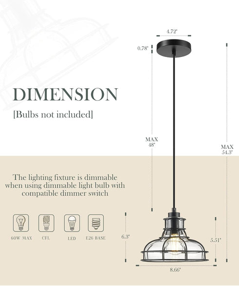 8.7", Industrial Pendant Lights Kitchen Island Black Hanging Light Fixtures with Clear Glass and Metal Cage, Farmhouse