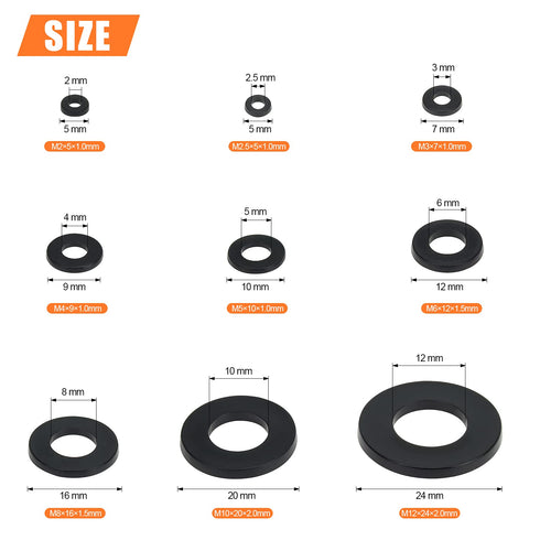 800 Pieces Black Nylon Flat Washers Assortment Kit - 9 Sizes M2 M2.5 M3 M4 M5 M6 M8 M10 M12 (Not Rubber Washer)