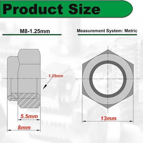 Einundcy M8 1.25 M8x1.25mm 304 13mm M8-1.25 20 Locknuts Metric Nylon Inserted Hex Lock Nuts Self-Lock Nylon Insert