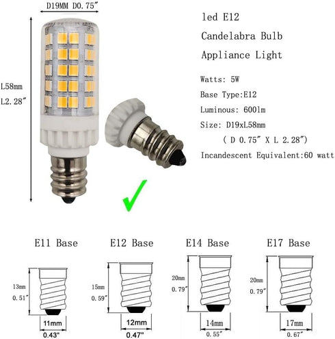 Led E12 Candelabra Bulb 5w 600lm Salt Rock Lamp Appliance Refrigerator Light Replacement 60 Watt C7 Incandescent Bulb T2 Halogen Chandelier Ceiling Fan Lighting 120v 4 Pack (3000K) by WELESHEI