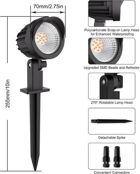 MEIKEE 7W LED Landscape Lights Low Voltage Outdoor Spotlight with Connectors, Warm White, IP66 Waterproof