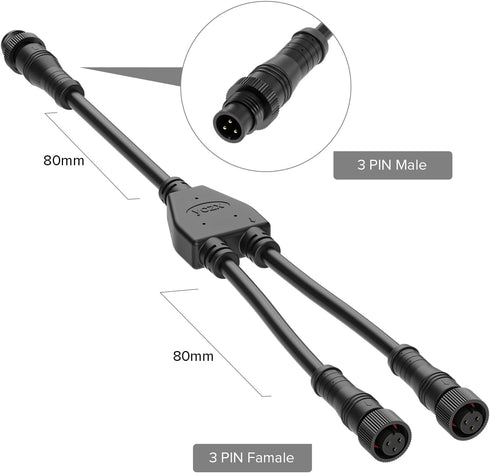 3 3 IP68 1 Male-Divided-2 18AWG 15mm 3 IP68 BTF-LIGHTING Core pin Small Size Y Shape Female Splitter Connctor Black