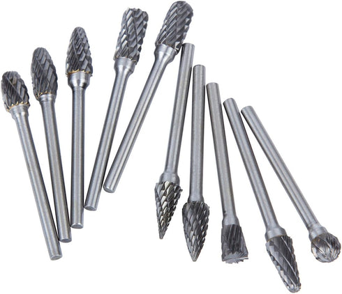 Carbide Burr Set, 10 PC Die Grinder Bits, 1/8" Shank Rotary Tool Accessories for Wood Carving