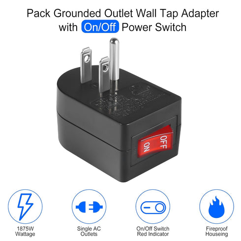 Grounded Outlet with ON Off Switch (2 Pack), Single Power Adapter Outlet Switch 15A 1875W/3 Prong Plug Switch in Black, ETL Listed