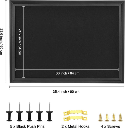 Bulletin Board with Felt, Black Wood Framed Display for Walls, Includes Pins, Eye Bolts, Screws, Pin Board for Office,