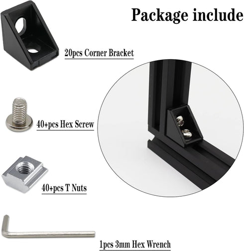 20pcs Black 2020 Series 1720 Aluminum Profile Corner Bracket with 40pcs M5 T Nuts, Screws, and Wrench for Slot