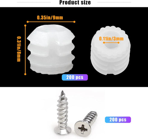 MingQiEven 200 Pack Plastic Hinge Dowel Inserts with Screws, White Dowels Door Hinge for Cabinet Door Drawer Bedside