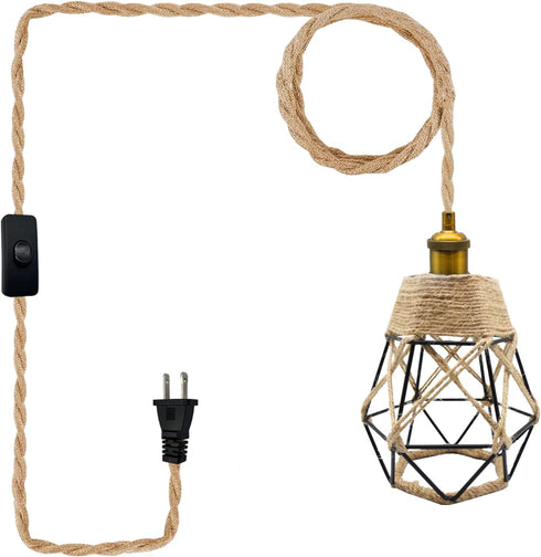 FEYAIM Vintage Plug in Pendant Light, Metal Pendant Lamp Kit, Hemp Rope Hanging