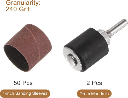 uxcell 50 Pcs 1 Inch Sanding Sleeves Sandpaper Set, 240 Grit with 2 Pcs 0.79 Inch Drum Mandrels for Rotary Tools