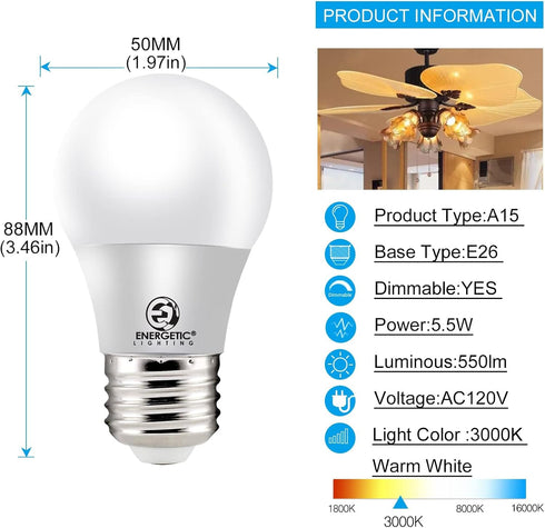 ENERGETIC A15 LED Bulb, 5.5W Refrigerator Bulb (40 W Equivalent), 3000K Warm White, Dimmable A15 Ceiling Fan Light Bulbs, Appliance Bulb, E26 Base, 550 LM, UL Listed, 6 Pack by E ENERGETIC LIGHTING