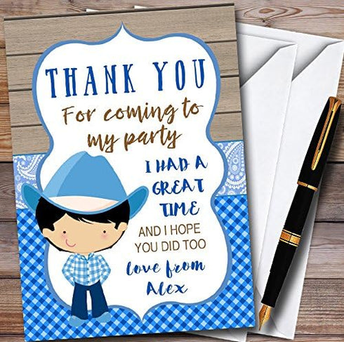 The Card Zoo Blue Western Cute Cowboy Personalized Childrens Birthday Party Thank You Cards
