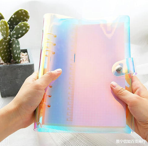 Clear Rainbow 6-Ring PVC Binder Cover, 2 Pcs, Holographic Notebook Protector with Button Closure