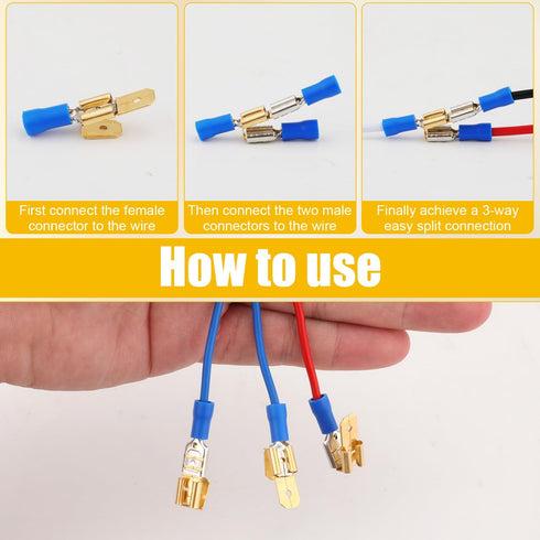 50pcs Electrical Double Male Female Adapter, Piggyback Spade Connectors to Single Female Brass 3 Way Adapter