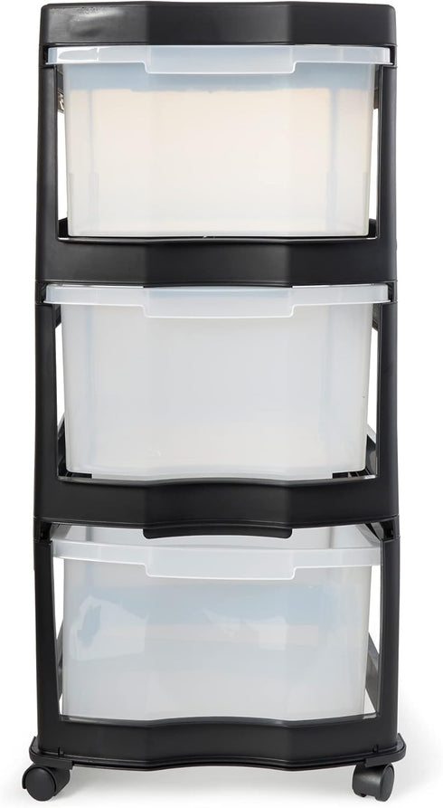 Life Story Classic 3 Tier Shelf, Standing Plastic Storage Drawers and Organizer with Wheels for Home, Black/Clear