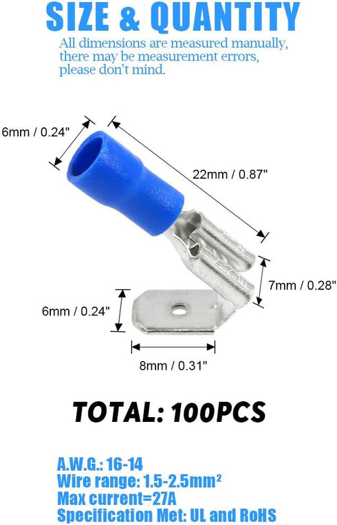 Glarks 100pcs 16-14 Gauge Semi Insulated Piggy Back Spade Electrical Connectors, Quick Splice Crimp Terminals