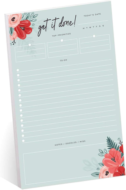 Modern Chic Floral Daily Notepad, 6" x 10" Sticky Note Fill in Priority List, Mint Coral Red Productivity Pad