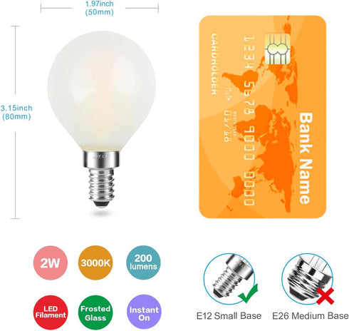 Dimmable G15 Bulb(25W 2W E12 Bulb, G15 Bulb 200 3000K, 6-Pack Frosted LED Light Equivalent), Globe LED Small Chandelier