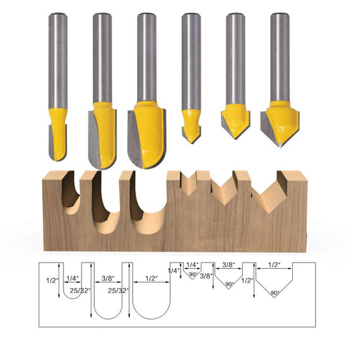 Yakamoz 6Pcs Carbide 90 Degree V-Groove and Round Nose Groove Router Bit Set, 1/4" Shank Woodworking Tool