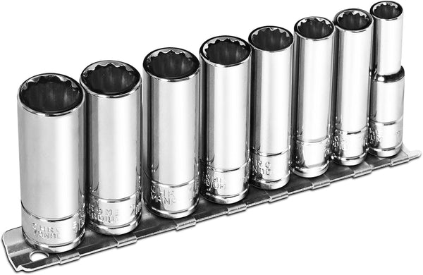 1/4 Inch Drive 12-Point Metric Socket Set, 8-Piece Deep Well CR-V Steel Tool Set, Sizes 6mm to 13mm