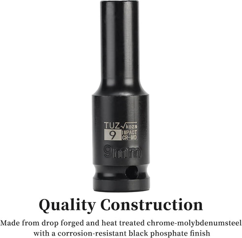 1/2-Inch Drive 9mm Deep Impact Socket, 6-Point Design, Heat-Treated Chrome Molybdenum Alloy Steel