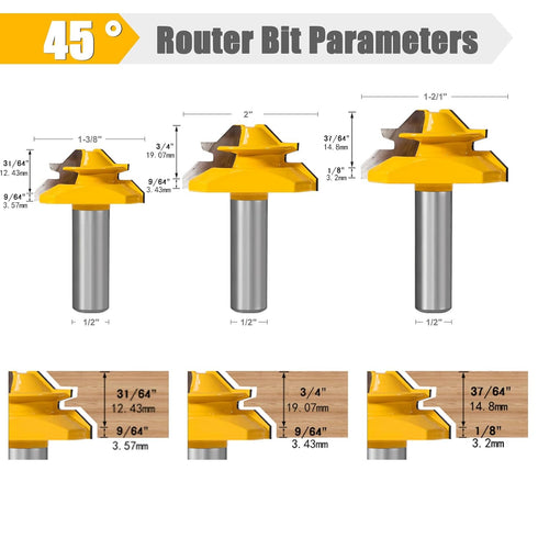 yqlbgprj Bit,45 1/2 Bit,3PCS, 31/64,37/64,3/4, Lock Miter Router Degree Lock Miter Router bit Shank,Box Joint Router