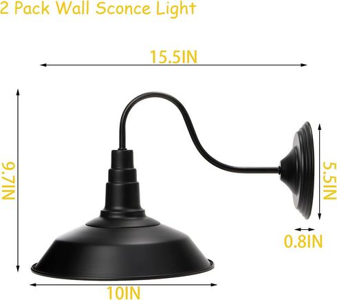 2 Pack Cedilis Black Wall Sconce Light, Retro Flat Barn Lights, Farmhouse Gooseneck Wall Lamp, Vintage Industrial
