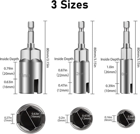 3Pcs Power Wing Nut Driver Set, SUNJOYCO 1/4" Hex Shank Slot Wing Nuts Bolt Driver Hook Drill Bit Socket Wrenches Tools Set for Panel Nuts Screws Eye C Hook Bolt & Q-Hanger (10mm, 12mm, 16mm)