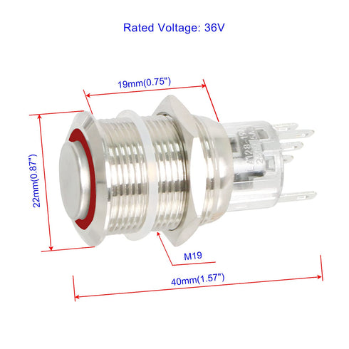 Latching Push Button Switch 36V Waterproof Stainless Steel Metal 3/4" Mounting Hole Red LED SPST Switch for Electrical Equipment, 2 Pcs, High Round