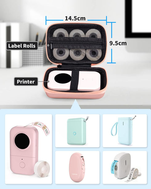Memoking T02 Hard Storage Case - Compatible with Phomemo D30, SUPVAN E10, NIIMBOT D11, JADENS D110 and More, with Zipper Mesh Pocket, Waterproof Durable Shockproof Case, Pink (Only Case)