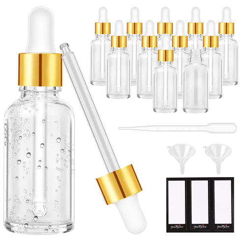 PrettyCare Eye Dropper Bottle 2 oz, 12 Pack Clear Glass Bottles with Golden Caps, Labels, Funnel & Pipettes